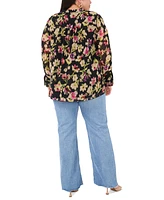 Vince Camuto Plus Floral-Print Split-Neck Long-Sleeve Top