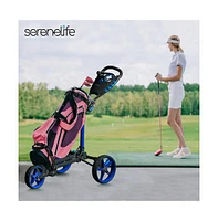 SereneLife Flat Fold 3-Wheel Golf Push Cart with Deluxe Scorecard and Umbrella Holder