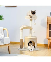 Slickblue Small Cat Tree for Indoor Cats, Cat Tower with Interactive Toy, Self-Groomer Brush, Natural Scratching Post, Beige