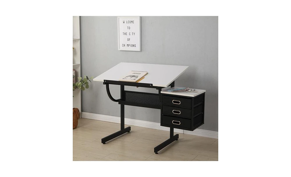 Slickblue White adjustable drafting drawing table with stool and 3 drawers