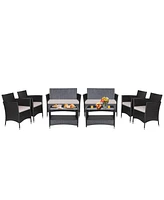 Costway 8PCS Patio Rattan Furniture Set Armrest Cushion Sofa Coffee Table with Shelf Garden