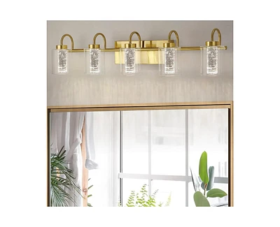 gaomon 5 Light Brushed Gold Bathroom Light Fixtures, Vanity Lights Crystal Bubble Glass Dimmable 3 Color Temperatures Modern Bathroom Wall Sconce for