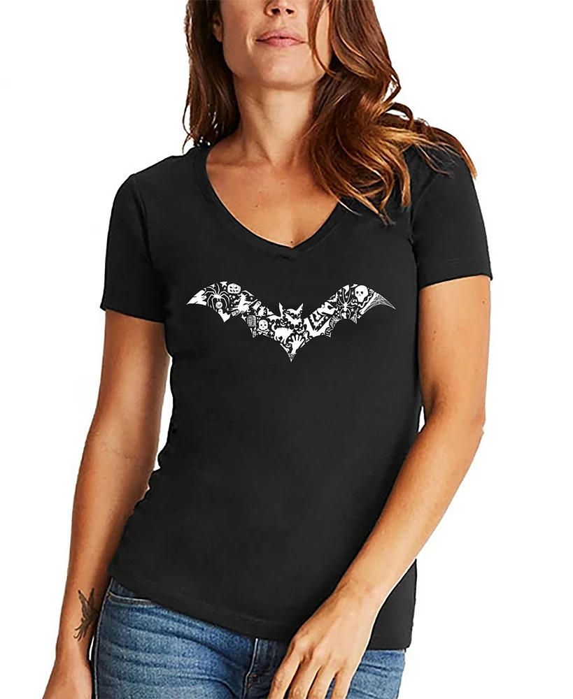 La Pop Art Women's Bat Pics Word V-Neck T-shirt