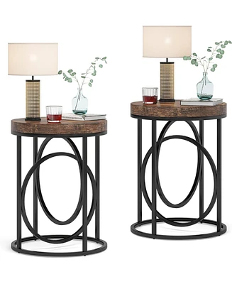 Tribesigns Modern Round End Table Set of Two with Thick Wood Top, 20”Sofa Side Table Coffee Table with Unique Black O-Shaped Base, Midcentury A