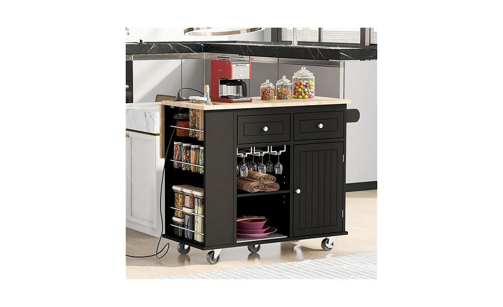 Slickblue Kitchen Island with Power Outlet Drop Leaf Design, Rubber Wood Top, Open Storage, Wine Rack, 5 Wheels