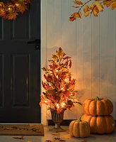 Glitzhome 36"H Fall Lighted Maple Leaves Urn Potted Porch Tree, 20 Warm Lights with Timer