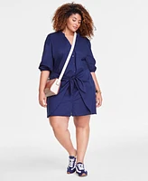 On 34th Trendy Plus Cotton Tie-Front 3/4-Sleeve Shirtdress, Exclusively at Macy's