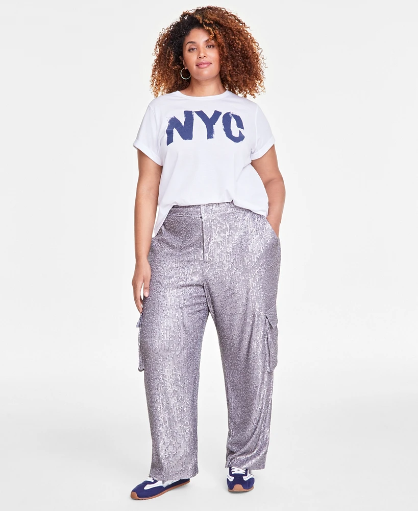 On 34th Trendy Plus Size Sequin Straight-Leg Cargo Pants, Exclusively at Macy's