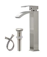 Greenspring Vessel Sink Faucet Brushed Nickel Tall Body Waterfall Spout Single Hole Single Handle Modern Commercial Bathroom Faucet with Pop Up Drain