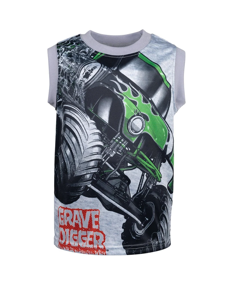 Monster Jam Boys Grave Digger El Toro Loco Megalodon T-Shirt Tank Top and French Terry Shorts 3 Piece Set to