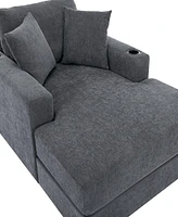 43.5" Oversized Chaise Lounger Modern Style Sofa Couch, with Pillows, Charge Station & Cup Holders, Chenille Fabric, Blue Gray