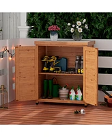 Simplie Fun Potting Bench with Storage Cabinet and Metal Table Top for Outdoor Patio, Outdoor Work Station Table