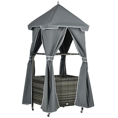 Simplie Fun Outdoor Towel Valet Caddy, Covered Poolside Towel Holder Rack, Shelf, Basket, Rolling Pe Rattan Wicker Storage on Wheels, Gray