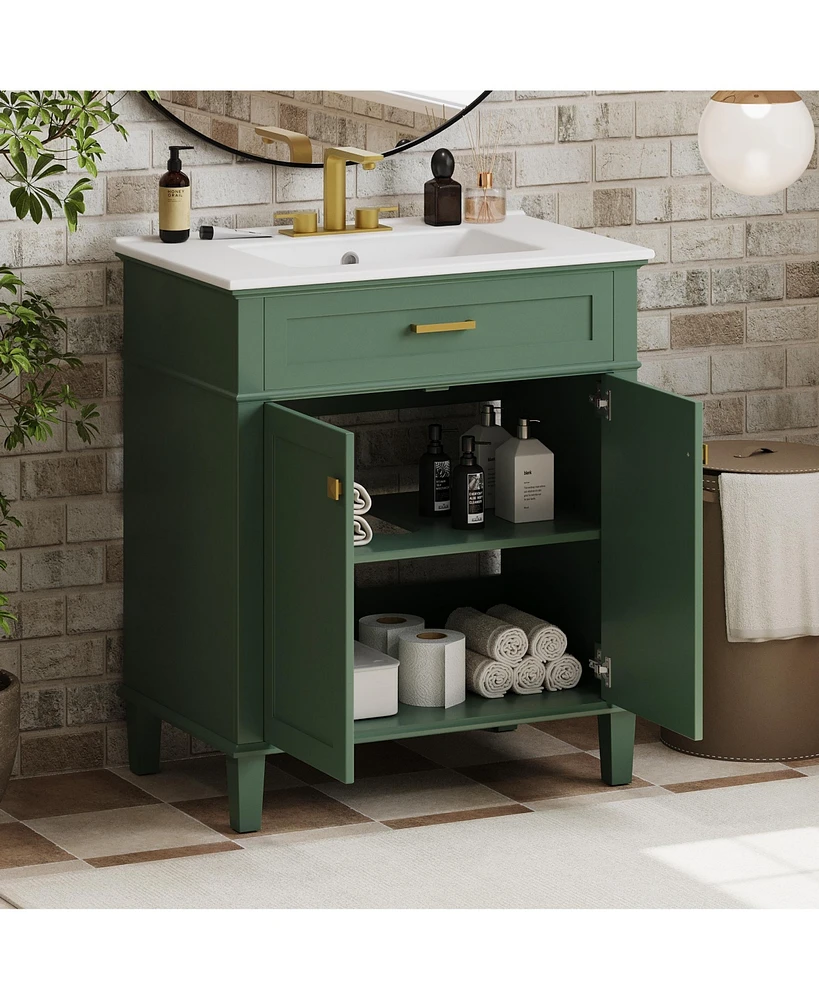 Simplie Fun 30-inch bathroom vanity with ceramic basin, soft close door and adjustable shelves