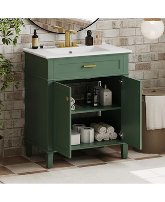 Simplie Fun 30-inch bathroom vanity with ceramic basin, soft close door and adjustable shelves