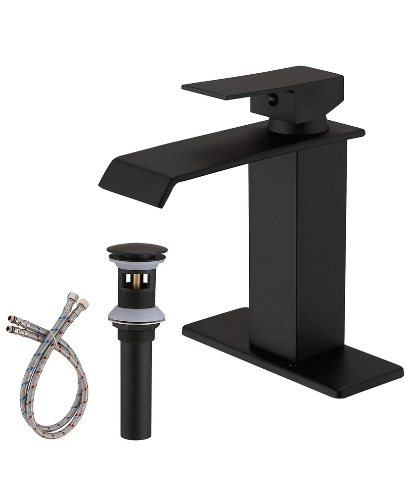 Waterfall Single Hole Single-Handle Low-Arc Bathroom Faucet With Pop-up Drain Assembly in Matte Black