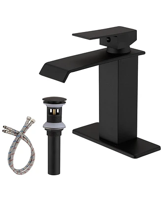 Waterfall Single Hole Single-Handle Low-Arc Bathroom Faucet With Pop-up Drain Assembly in Matte Black
