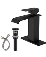 Waterfall Single Hole Single-Handle Low-Arc Bathroom Faucet With Pop-up Drain Assembly in Matte Black