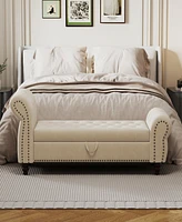 64.5" Bed Bench for Bed Room Nails Tufted Chaise of Lounge with Storage Velvet Upholstery Beige