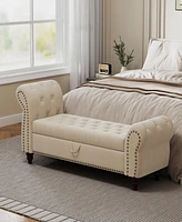 Streamdale Furniture 64.5" Bed Bench for Bed Room Nails Tufted Chaise of Lounge with Storage Velvet Upholstery Beige