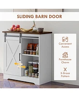 Farmhouse Coffee Bar Cabinet, 33" Buffet Sideboard with Sliding Barn Door and Adjustable Shelf, Kitchen Buffet Cabinet, White
