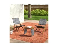 Simplie Fun Huntsville Outdoor Foldable 2 Seater Acacia Wood Chat Set With Strapping Belt Accents, Brown And Gray