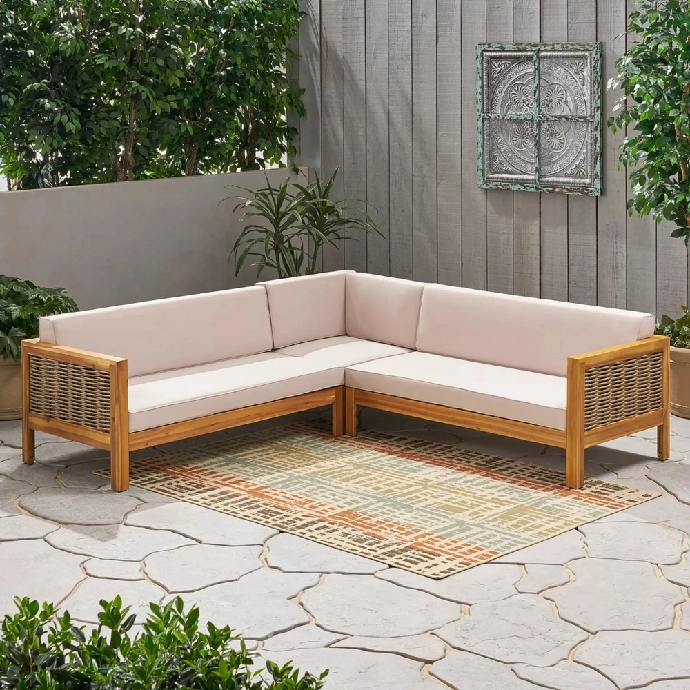 Streamdale Furniture Linwood 3-Piece Wood And Pe Rattan Coversation Sectional Seating Set, Beige