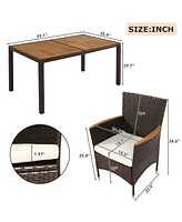 7-Piece Outdoor Patio Dining Set, Garden Pe Rattan Wicker Dining Table and Chairs Set, Acacia Wood Tabletop, Stackable Armrest Chairs with Cushions, R
