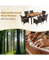 7-Piece Outdoor Patio Dining Set, Garden Pe Rattan Wicker Dining Table and Chairs Set, Acacia Wood Tabletop, Stackable Armrest Chairs with Cushions, R
