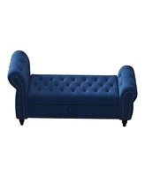 Streamdale Furniture 64.5" Bed Bench for Bed Room Nails Tufted Chaise of Lounge with Storage Velvet Upholstery Navy Blue