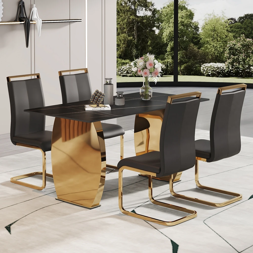 Simplie Fun Table and chair set, Modern rectangular table with 0.4 inch black patterned tabletop and gold legs, suitable for kitchen, dining room