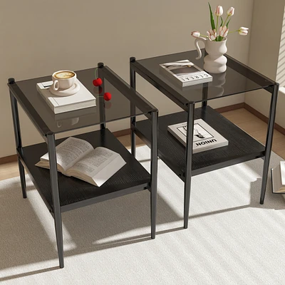 Streamdale Furniture Set of 2 Rectangle End Table, Tempered Glass Tabletop with Mdf layer, Modern Table for Living Room, Gray Glass