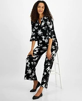 Kasper Womens V Neck Floral Flutter Sleeve Top Pull On Ankle Pants