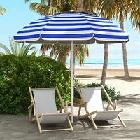 5.7' Portable Beach Umbrella with Tilt, Adjustable Height, 2 Cup Holders & Hooks, Uv 40+ Ruffled Outdoor Umbrella with Vented Canopy, Blue White Strip