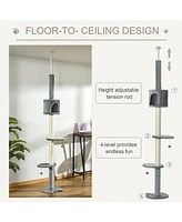 85.5" Cat Tree Height Adjustable Floor-to-Ceiling 4-Tier Kitty Climbing Activity Center Condo Cat Toy with Scratching Post Hanging Balls Play Res