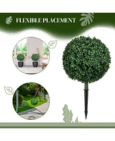 1.3' (15.7") Artificial Boxwood Topiary Trees with Ground Stake, Uv Resistant Set of 2 Ball Shaped Trees, Indoor Outdoor Fake Plants for Home Off