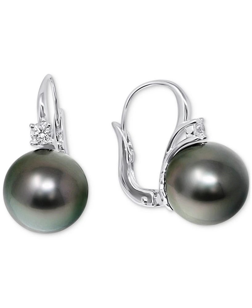 Cultured Tahitian Pearl (11mm) & Diamond (1/5 ct. t.w.) Leverback Earrings in 14k White Gold