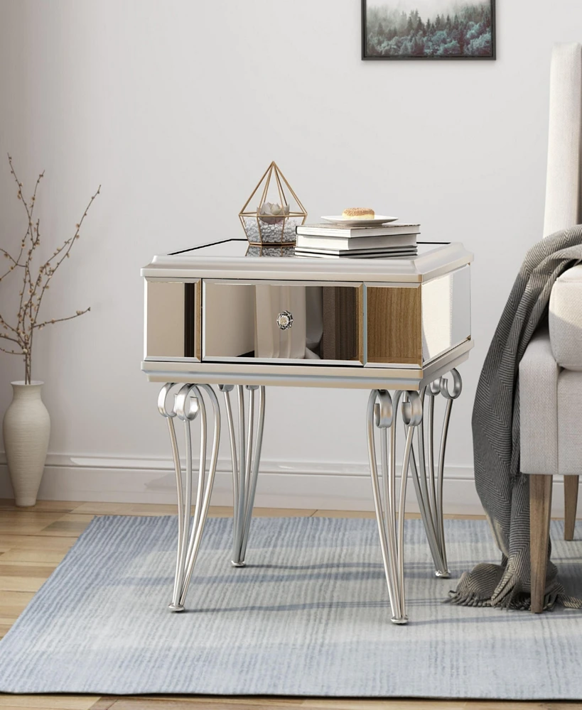 Simplie Fun Mirrored Nightstand Silver End Table With 1 Drawer For Bedroom Living Room