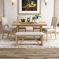 6-Piece Retro Dining Set, 1 Rectangular Table with Designed Trestle Base and 4 Upholstered Chairs and 1 Bench for Dining Room and Kitchen (Gray)