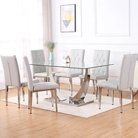 Simplie Fun Table and chair set, modern dining table, tempered glass tabletop and silver