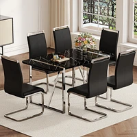 Table and chair set.a rustic industrial rectangular Mdf black dining table with Mdf desktop and electroplated silver metal legs.Paired with 6 chairs w