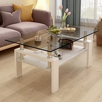 Rectangle Coffee Table, Tempered Glass Tabletop with Mdf Layer, Modern Table for Living Room, Gray Glass