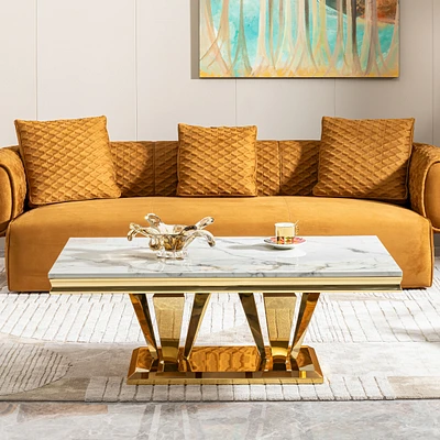 51.18" Modern Rectangular 0.78" Thick Mdf Marble Pattern Top, Coffee Table Stainless Steel Base with Gold Mirror Finish