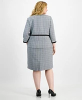 Kasper Plus Size Open Front Piped Trim Tweed Jacket Sleeveless Tweed Sheath Dress