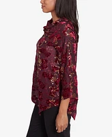 Ruby Rd. Petite Iridescent Sequin Velvet Floral Cowl Neck Top