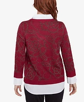 Ruby Rd. Petite Metallic Floral Layered Shirt Collar V-Neck Sweater