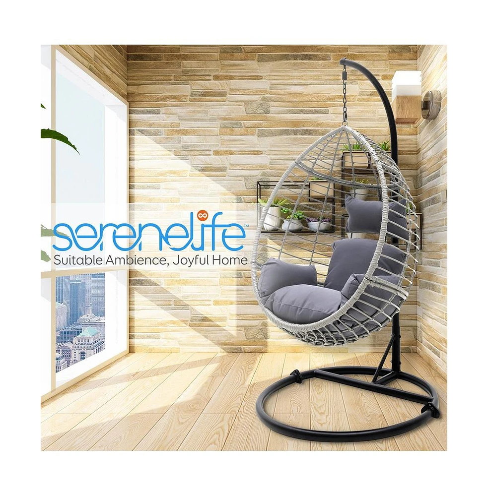 SereneLife Wicker Rattan Swing Chair with Cushions and Frame, Black