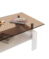 Rectangle Coffee Table, Tempered Glass Tabletop with Mdf Layer, Modern Table for Living Room, Brown Glass