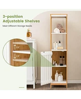 Gymax Tall Bathroom Floor Cabinet Bamboo Bathroom Storage w/Adjustable Shelf &Cupboard