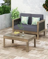 Simplie Fun Outdoor Acacia Wood And Wicker Loveseat And Coffee Table Set With Cushions, Gray + Mixed Gray + Dark Gray